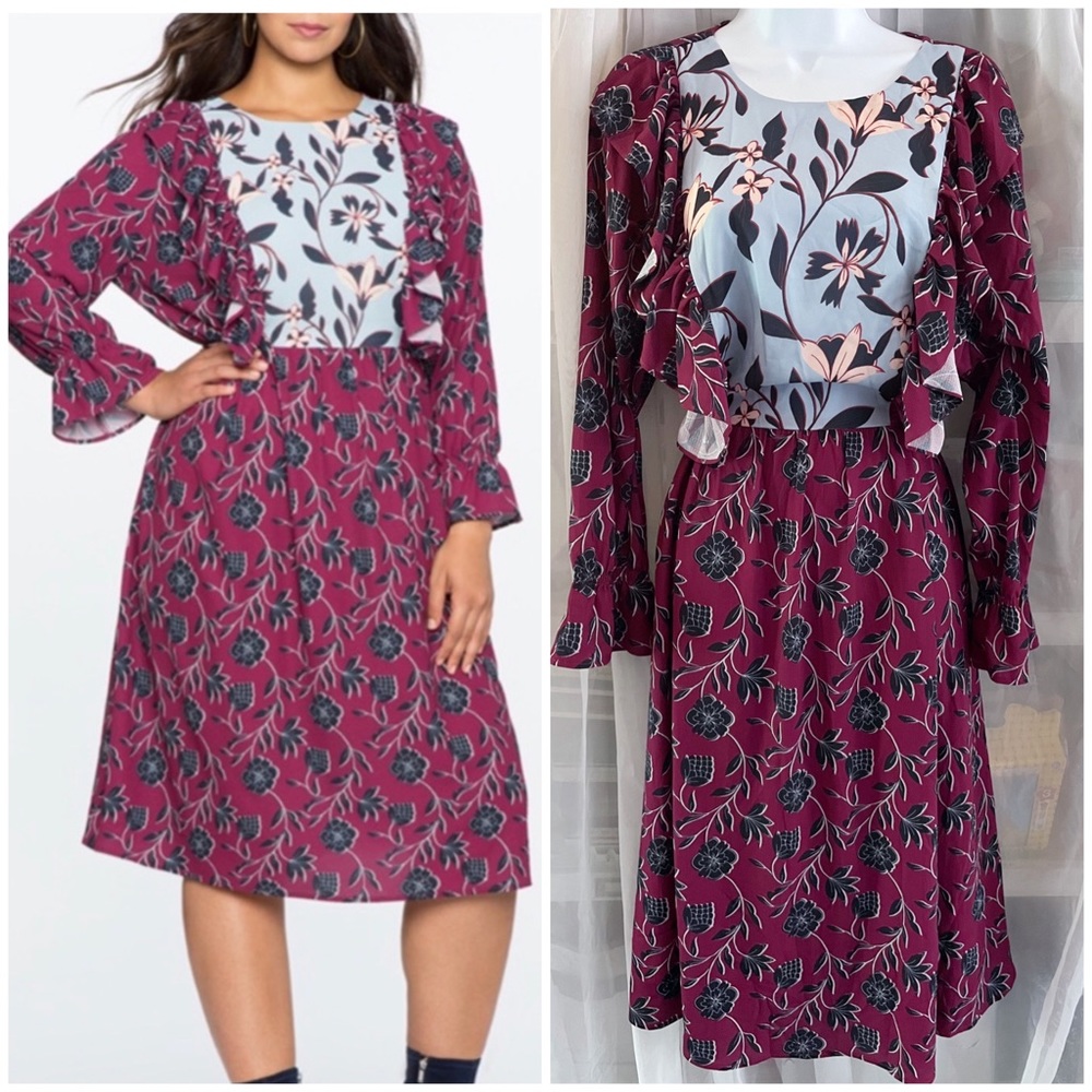 Eloquii Long Sleeved Ruffle Bib Floral Print Peasant Midi Dress Purple Blue 18